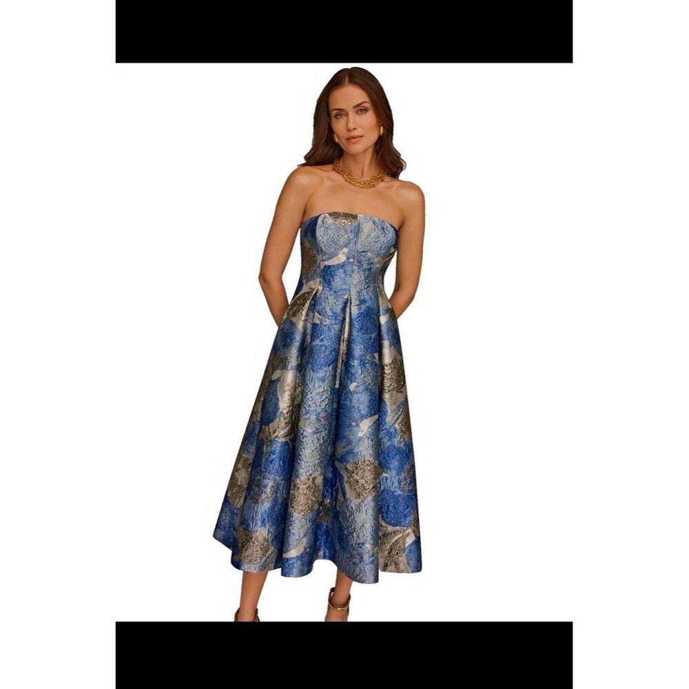 Donna Karan New York Blue/Silver Metallic Floral Jacquard Strapless Midi 2